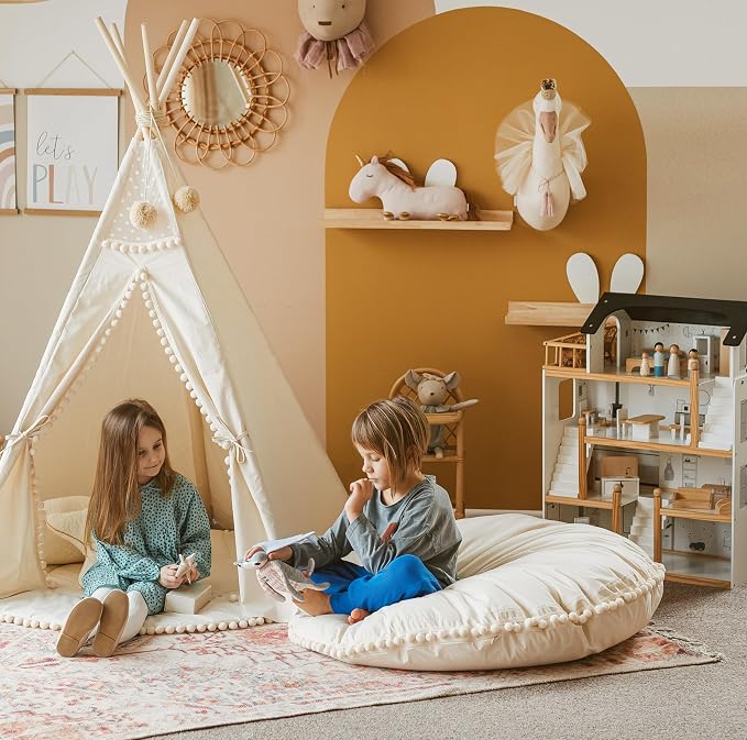 MINICAMP Large Kids Floor Cushion – Ultra Fluffy Washable Bean Bag Chair & Reading Pillow with Boucle Sherpa Cover – Soft Kids Lounger Floor Seat for Playroom, Bedroom or Nursery - Made in EU