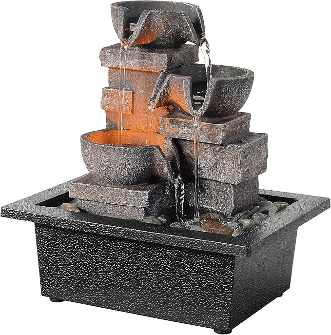 MAOCHI Indoor Fountain 3-Bowl Rockery Soothing Sound Tabletop Fountains Home/Office Decor with Natural River Rocks LED Lights Automatic Watering Pump(22044A)