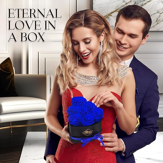 GLAMOUR BOUTIQUE 7 Flower Forever Heart Shape Box, Eternal Preserved Roses Gift for Her, Lasting Flowers, Petite Floral Heart Box for Birthday, Anniversary or Valentine’s Day, Blue (Color-Treated)