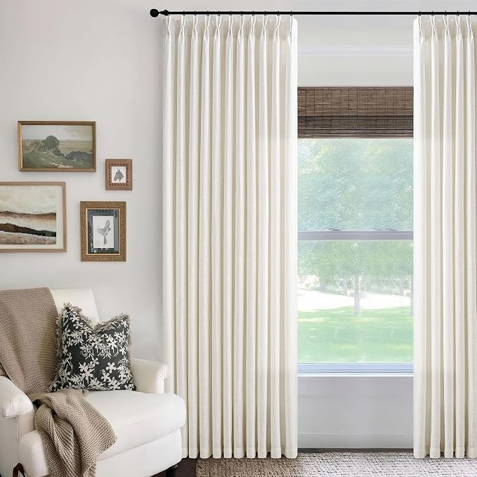 Cream Ivory Pinch Pleated Extra Wide Linen Curtains 84 Inches Long for Patio Sliding Glass Door 70 Inch Wide Pleated Drapes with Hooks Rings Back Tab Semi Sheer 70x84 Curtain for Living Room 1 Panel