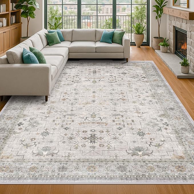 Hazo Haus Washable 5x8 Living Room Rug - Light Gray & Sage Area Rug for Nursery, Dining Under Table, Bedroom, Modern Vintage Eclectic Geometric Floral Neutral, Low Pile Stain Resistant