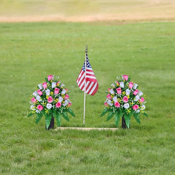 LVXINLI Artificial Cemetery Flowers, Gravesite Decoration Roses, Memorial Bouquets with Cemetery Vase, Vibrant and Long-Lasting Colors (Pink+White, 2 Bundles)