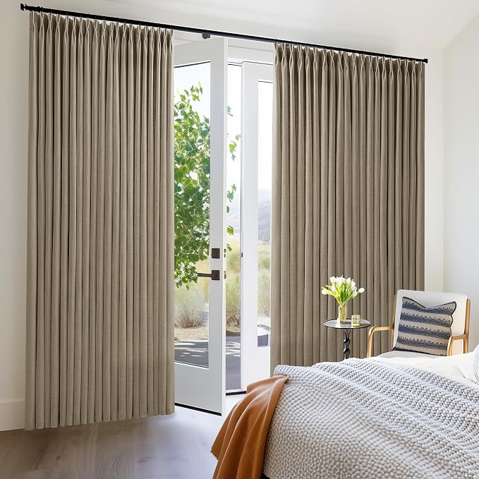 Pinch Pleated Linen 102 Inch Curtains 100 Inch Width for Living Room Divider Light Filtering Thick Light Brown Linen Extra Wide Patio Curtains for Sliding Door Balcony Floor to Ceiling Window 1 Panel