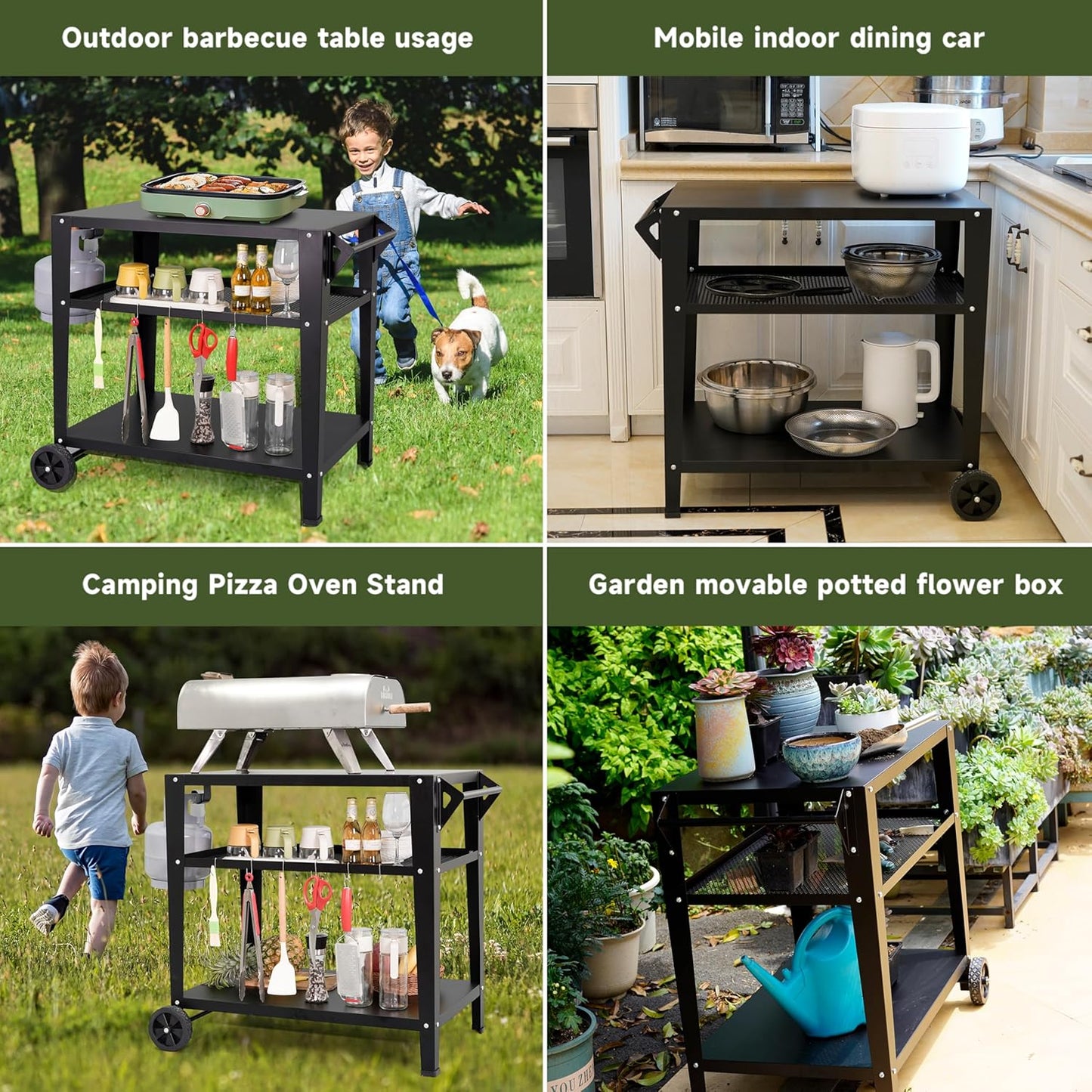 Black Outdoor Grill Cart with Wheels, Heavy-Duty 3-Tier BBQ Prep Table for Pizza Oven, Griddle, Patio – Rustproof Commercial Kitchen Cart with Tool Hooks