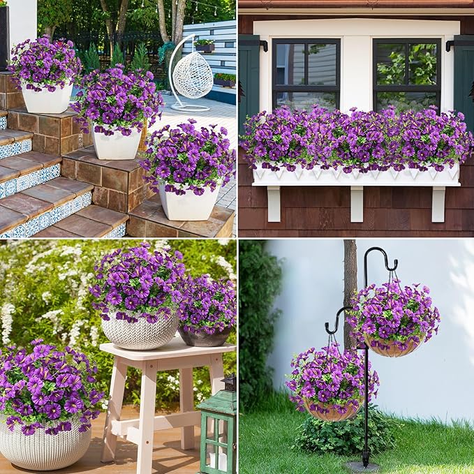 MARTINE MALL 24 Bundles Look Real Artificial Flowers for Outdoors, Realistic Fake Outdoor Flowers, UV Resistant Silk Petunia Flowers for Outside Faux Flowers Plants for Outdoor Porch, Purple