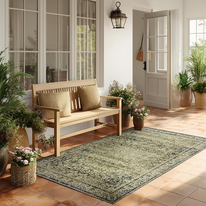 Vintage Design Floral Area Cream Rug Distressed Carpet Washable Non Slip Rug Kitchen Bedroom Dining Room 3x5 Cover Print,Tan Brown and Cream Beige
