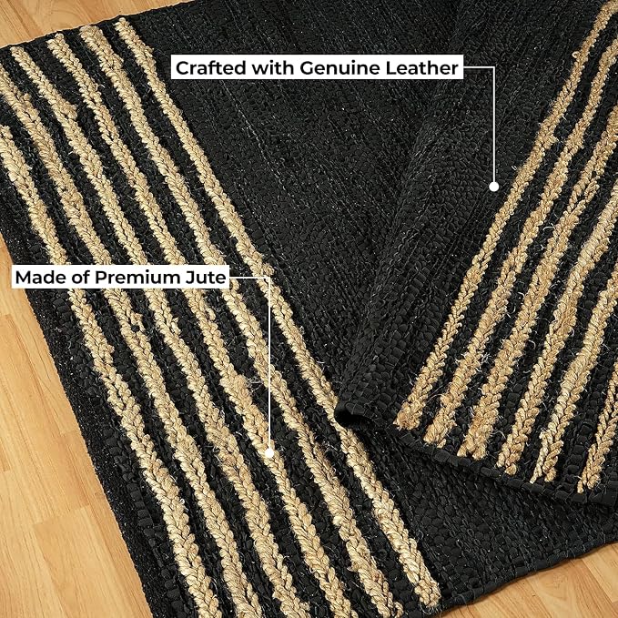 GRUHUM Jute Runner Rug 2'6"x10' ft Black Leather Natural Jute Rug 2.5x10 ft | Handwoven Boho Braided Soft Rustic Vintage Ecofriendly Indoor Rugs for Kitchen Farmhouse Bedroom Hallways Entryways