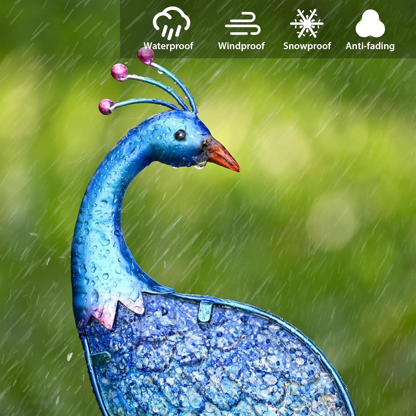 TERESA'S Collections Garden Decor Blue Peacock with Solar Outdoor Lights, 40" Glass Yard Art for Outside, Decorative Metal Stake Outdoor Decor for Lawn Decorations, Patio, Gifts for Mom