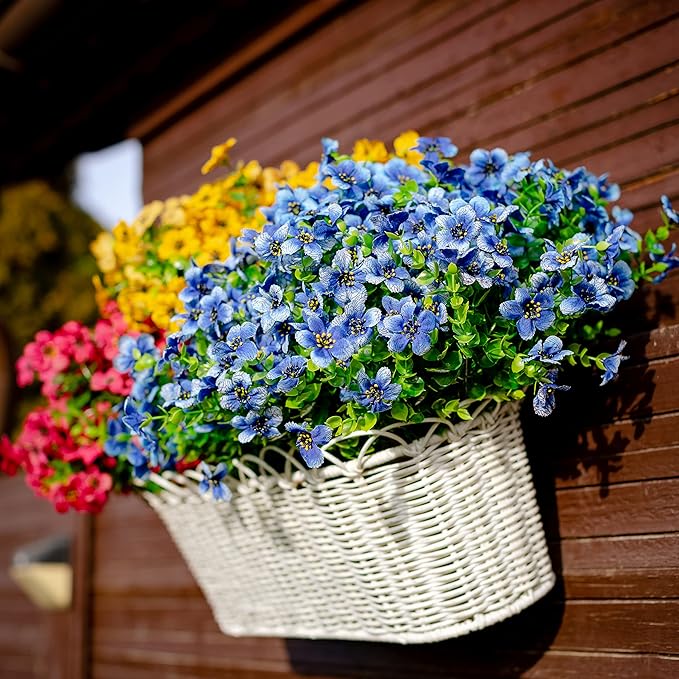 AXYLEX Artificial Flowers for Outdoors Fake Plants - 16 Bundles Faux Outside Greenery Boxwood No Fade Plastic Shrubs Fall Decor Farmhouse Home Garden (Blue)