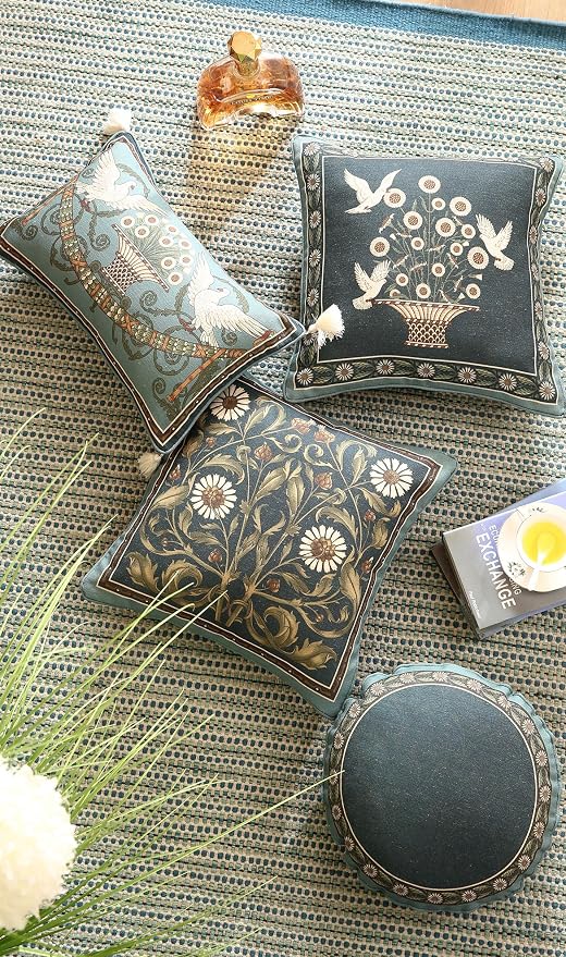 bilin gaier Green Throw Pillow Covers Set of 1,French Farmhouse with White Birds and Flowers Pattern Linen Pillowcases,Decorative Square Pillows Cushion Covers for Couch Sofa Bed Chair,18x18 Inches