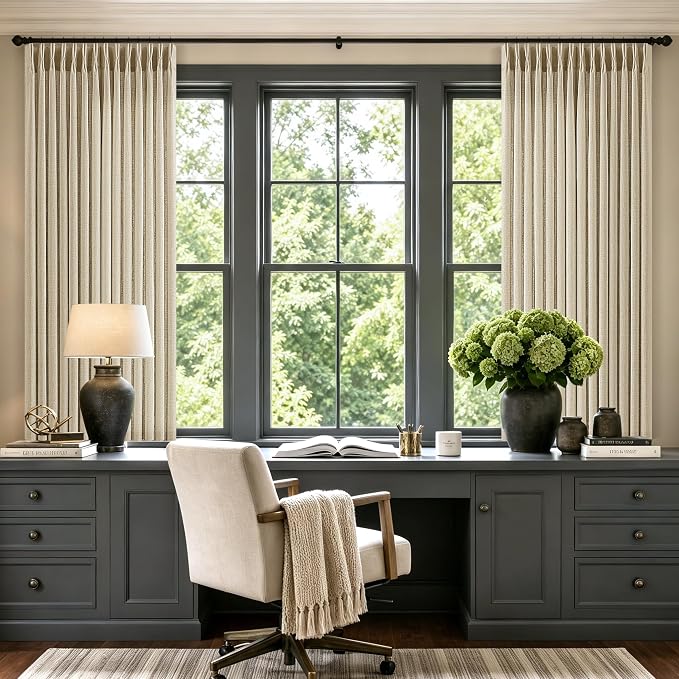 Pinch Pleated Beige Linen Curtains 63 Inch 2 Panels Set for Living Dining Room Semi Sheer Memory Trained Short Pleat Drapes with Hooks Rings Oatmeal Farmhouse Boho Bedroom Kitchen Closet Drapes 40x63