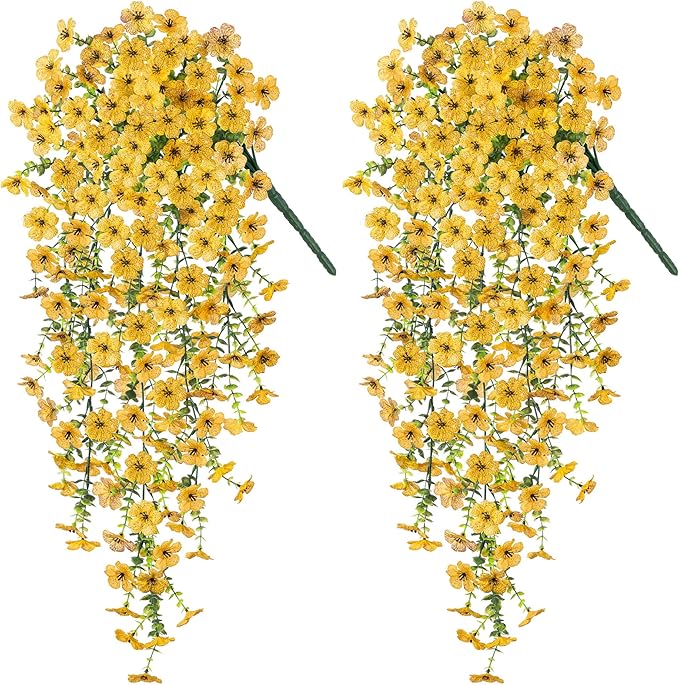 Ammyoo Artificial Hanging Flowers for Outdoors Faux Plants Decoration, 2 Packs Fake Silk Daisy Flower Realistic Outdoor Flowers UV Resistant Porch Patio Window Yard Outside Decor(Yellow)