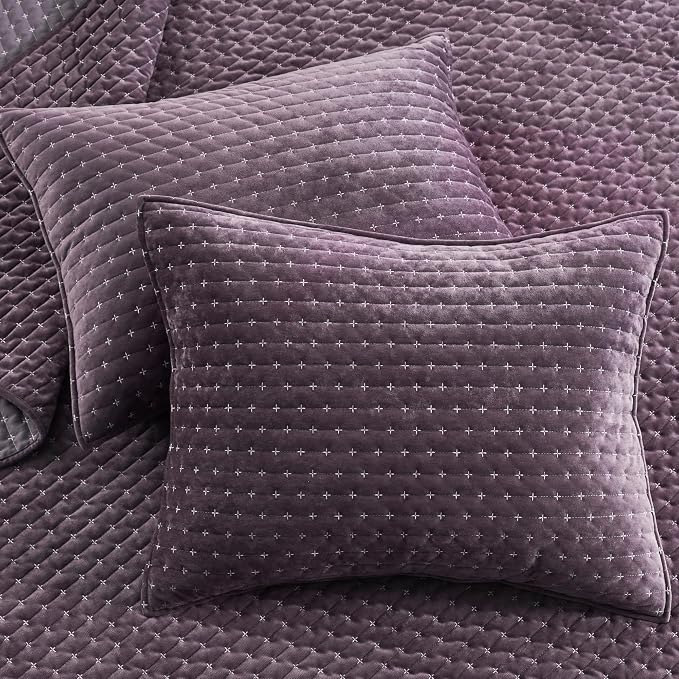 Levtex Home - Velvet Stitch Quilt Set - Full/Queen Quilt and Two Standard Shams - Cross Stitch Velvet - Plum with White - Quilt (88x92in.) and Shams (20x26in.) - Reversible - Polyester