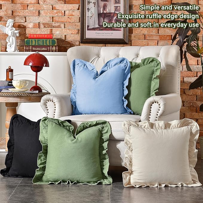 AmHoo Pack of 2 Throw Pillow Covers 100% Cotton Pre Washed Ruffle Decorative Pillowcase Cushion for Couch Sofa Bedroom 18 x 18-Inch Beige