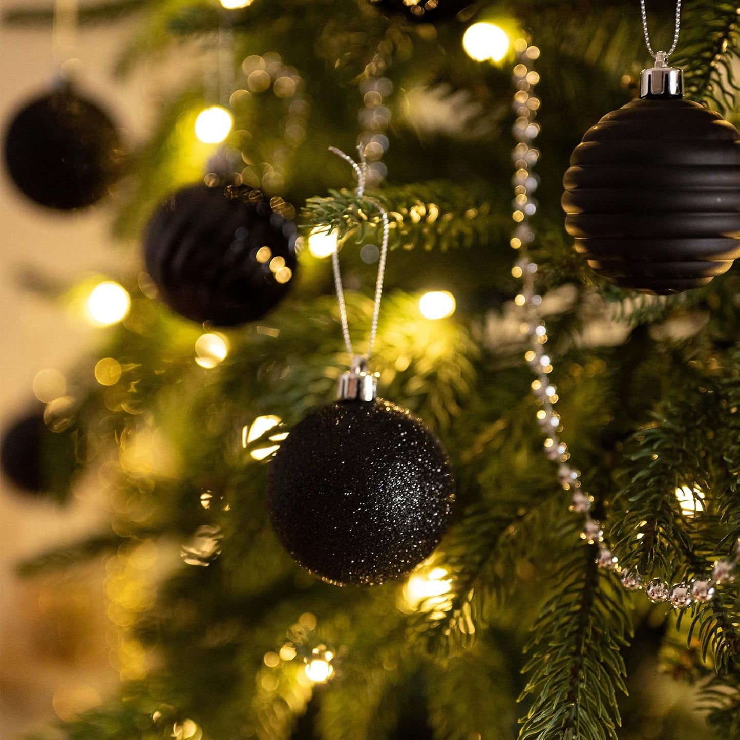 Valery Madelyn Christmas Ornaments Tree Decorations Set for Fall Halloween, 24ct Black Shatterproof Ball Ornaments, 2.36" Hanging Ornament Bulk for Xmas Holiday Party Decor