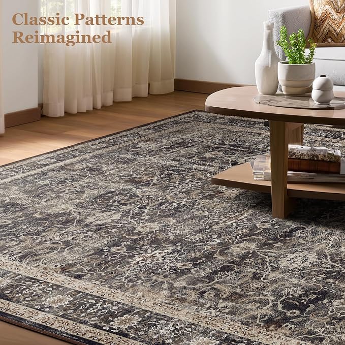 Dark 2x6 Washable Runner Rug, Mid-Century Modern Print Carpet Runners for Hallway Kitchen 6ft Non Slip, Vintage Classic Low Pile Entryway Runner for Bathroom Mudroom Bedroom, Brown/Black/Beige