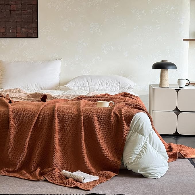 FALUCA Cotton Muslin Cooling Reversible Blanket 50x60 Inches for Bed, Couch, Four Layers Blanket, Soft Lightweight Cozy Breathable Farmhouse Decoration for Summer, Camel