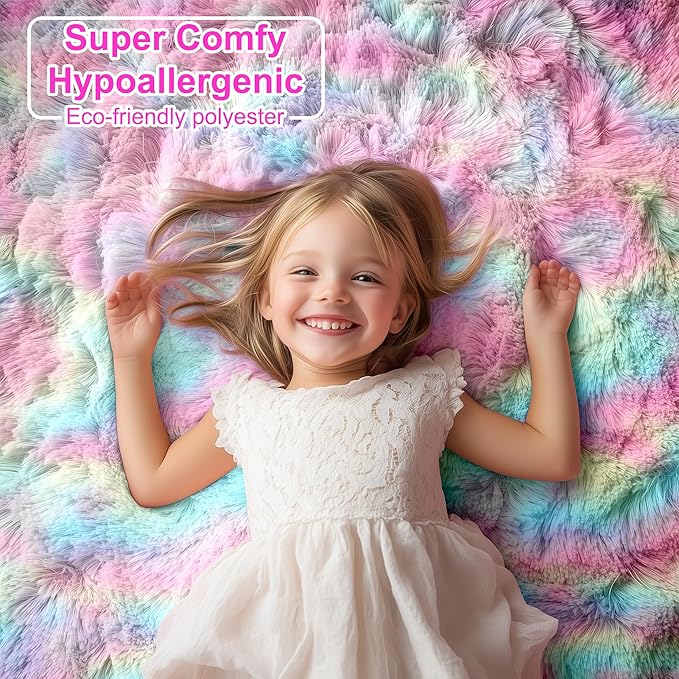 PAGISOFE Fluffy Soft Area Rug,Plush Furry for Girls Bedroom,Shaggy and Kawaii Rug for Playroom,Nursery,Baby's Toddler's Room,Cute and Colorful Room Decor for Kids,3x5,Rainbow