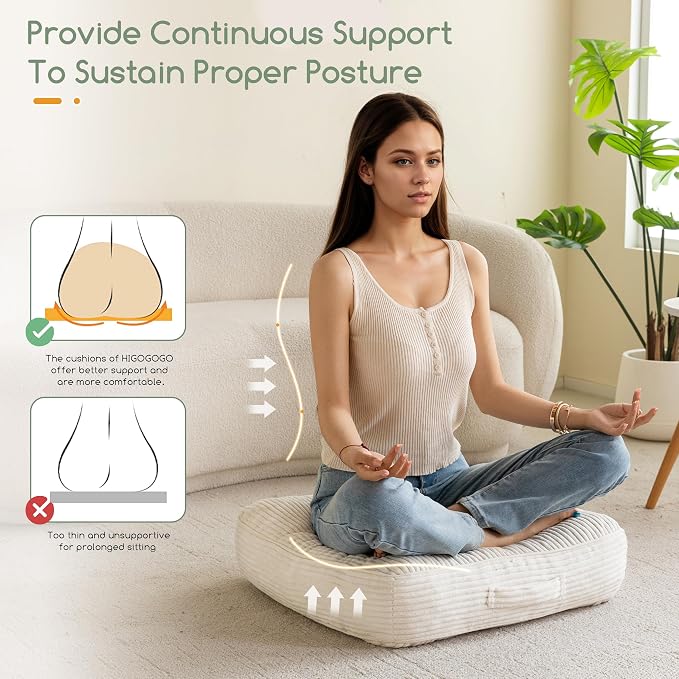 HIGOGOGO 6" Washable Floor Pillow Cushion for Adults, Meditation Cushion Pillow, Large Square Floor Sitting, Removable Tufted Corduroy Cover, for Tatami Living Room or Yoga, 22x22 Inch,Beige