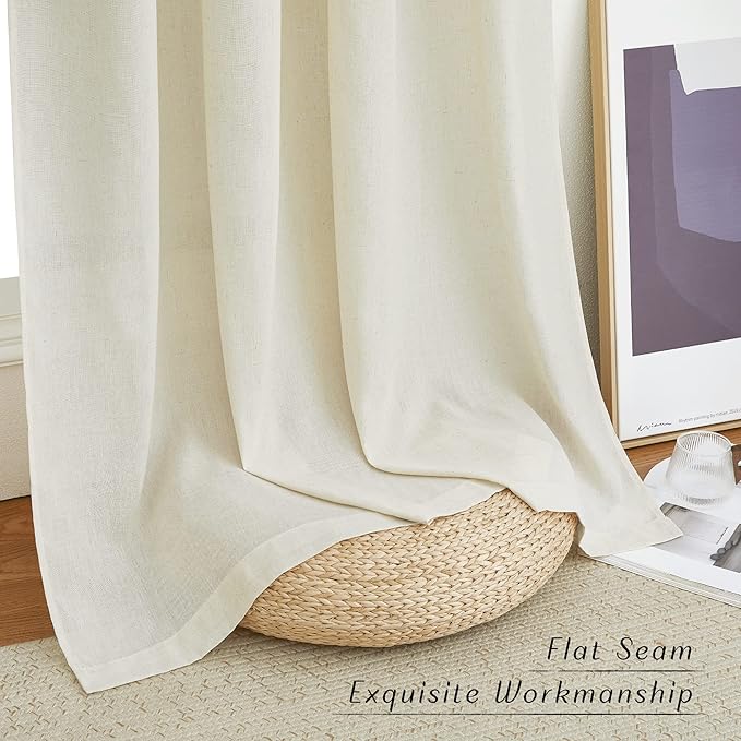 NICETOWN Thick Linen Curtains Extra Long 120 inch Length, Rustic Grommet Privacy Added Vertical Flax Semi Sheer Panels for Farmhouse/Living Room, Off White, W55 x L120, 2 Panels