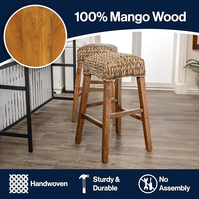 JONATHAN Y Maui Coastal Woven Water Hyacinth Bar Stool, Mango Wood Frame, 30" Backless Barstool for Kitchen Island with Integrated Footrest, Fully Assembled, Coastal, Brown Wash BSL1101A