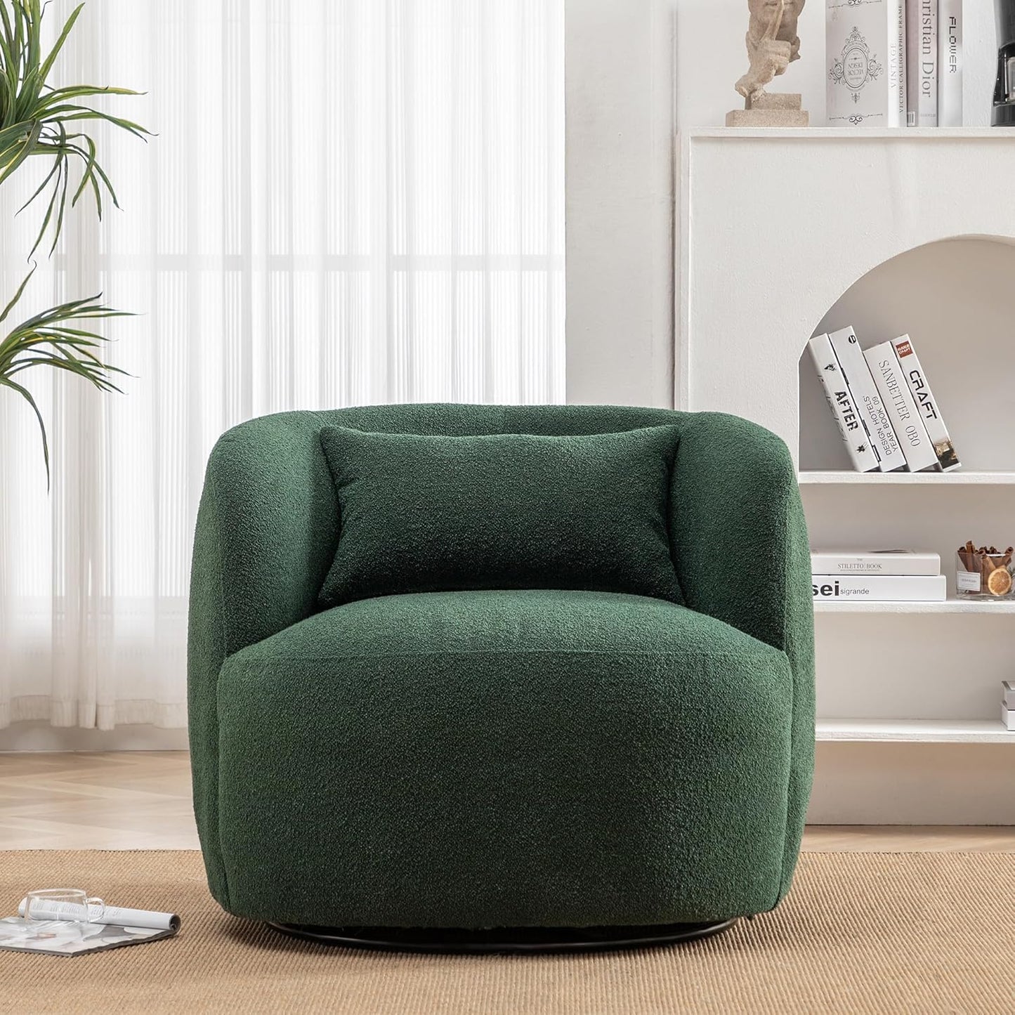 KINWELL 34" Wide Boucle Swivel Barrel Chair, No Assembly Round Upholstered Armchair Accent Chair Single Sofa Chair with Toss Pillow for Living Room and Bedroom, Green