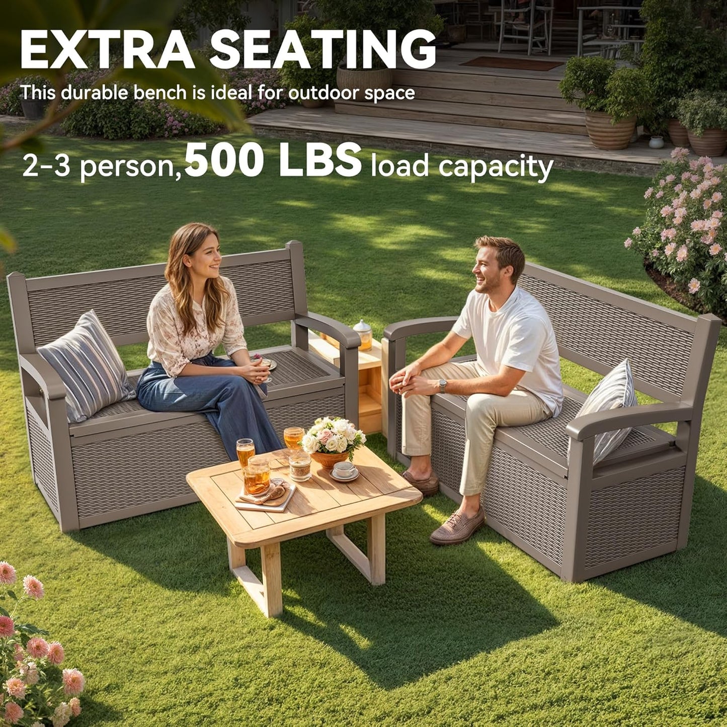 YITAHOME 70 Gallon Storage Bench Deck Box, Lockable Patio Bench, Waterproof Outdoor Pool Deck Storage for Patio Cushions, Garden Tools and Pool Supplies, Light Brown