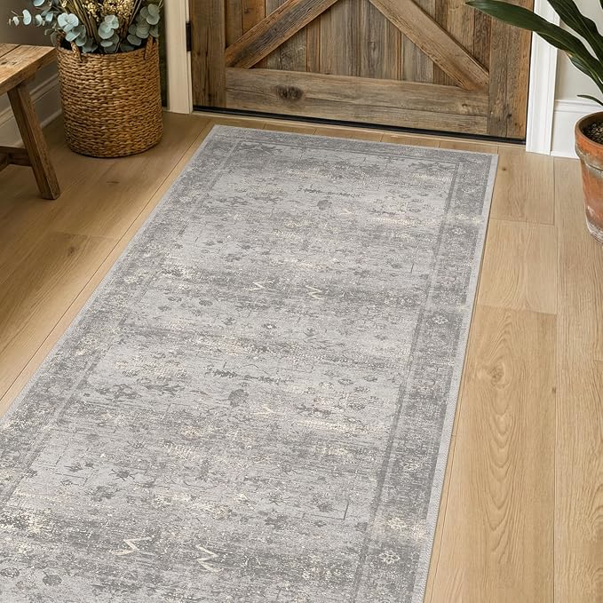 2x6 Washable Runner Rug for Bathroom & Kitchen, Non-Slip Low Pile Vintage Distressed Runner, Neutral Gray Marble-Inspired Rug for Laundry Room, Hallway & Entryway
