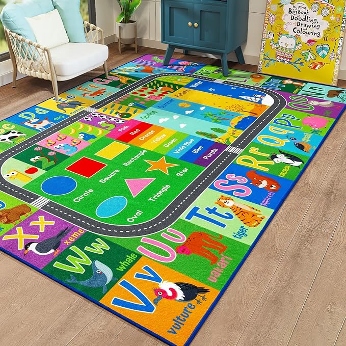 HOMORE Kids Educational Rug, Kids Collection Area Rug for Learning Alphabet, Numbers, Colors, Season and Animal Words, Playmat for Classroom Playroom, 4x6 Feet Green