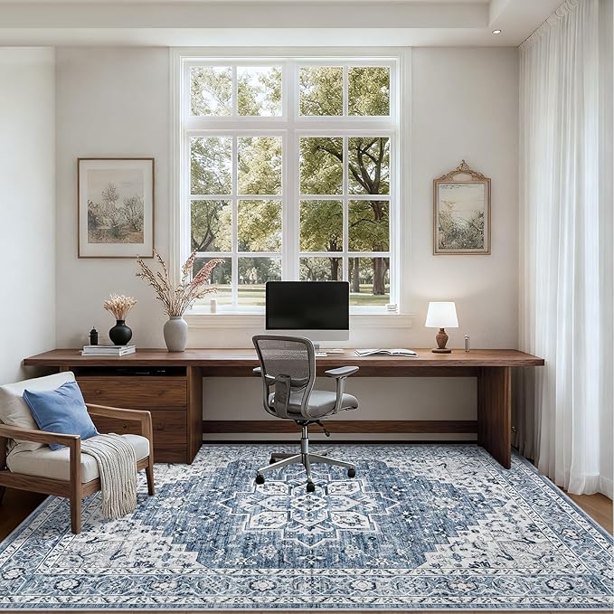 6x9 Area Rugs Living Room Rug: Washable Vintage Boho Medallion Rug No Slip Stain Resistant Soft Carpet Indoor Floor Large Carpets for Bedroom Dining Room Farmhouse Nursery Hallway Home Office Blue