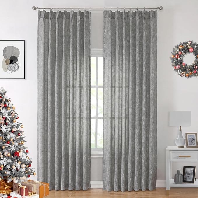 Vision Home Gray Pinch Pleated Semi Sheer Curtains Textured Light Filtering Window Curtains 84 inch for Living Room Bedroom Rayon Blended Charcoal Grey Pinch Pleat Drapes with Hooks 2 Panels 40"Wx84"L