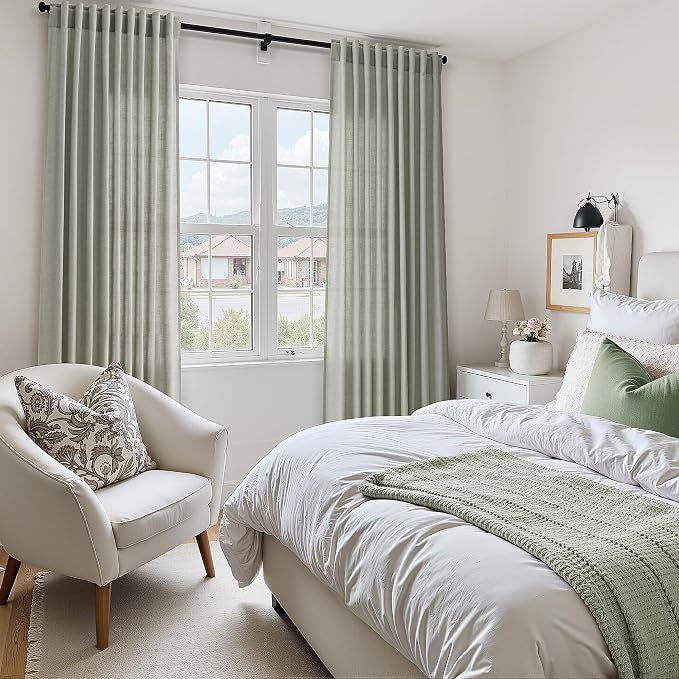 Nanspring Sage Green Linen Curtains for Living Room 84 Inch Length 2 Panels Set, Light Filtering Non-See-Through Privacy Semi Sheer Back Tabs Window Farmhouse Drapes for Bedroom, 52W x 84L, Sage