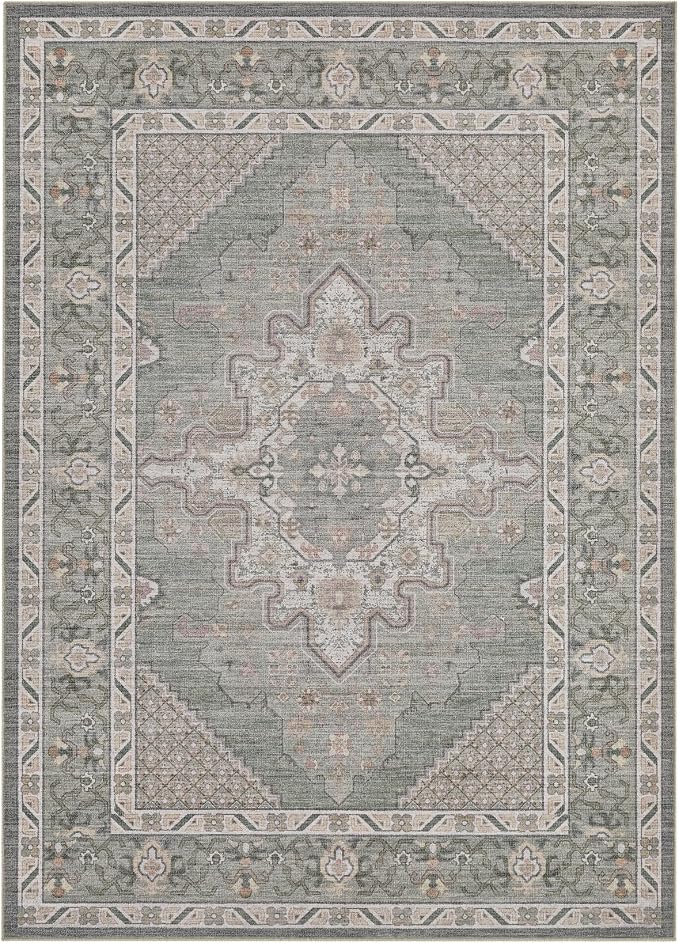 Tortania Area Rug Living Room Rugs - 9x12 Washable Boho Rug Vintage Oriental Distressed Farmhouse Large Thin Indoor Carpet for Living Room Bedroom Under Dining Table Home Office - Green Gray