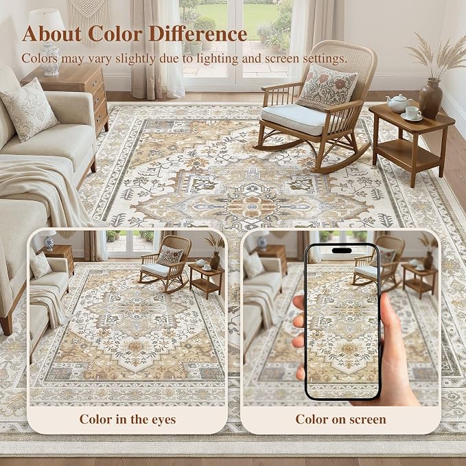 UERMEI 9x12 Area Rug for Living Room - Washable Vintage Carpet, Non-Slip Soft Large Indoor Floor Rugs for Bedroom Home Office & Under Dining Table Decor, Brown Beige