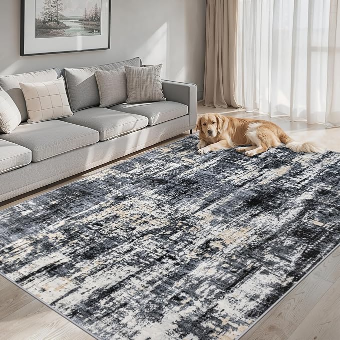 8x10 Area Rugs for Living Room - Washable Rug Modern Abstract Soft Large Neutral Non-Slip Carpet Indoor Floor Thin Carpets for Bedroom Dining Room Farmhouse Nursery Home Office Black Gold
