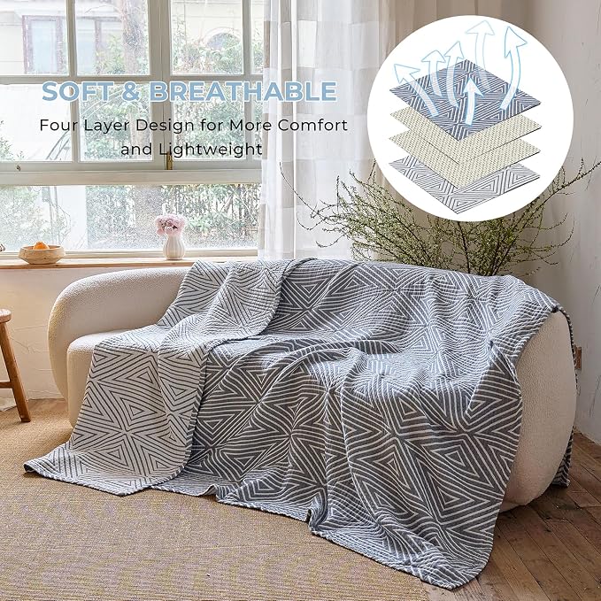 Muslin Blanket,100% Cotton Reversible 4-Layer Geometric Quilt, Soft Throw Blanket for Twin Size Bedspread Sofa Room Decor, Gifts for Women,Men, 60"×80", Blue