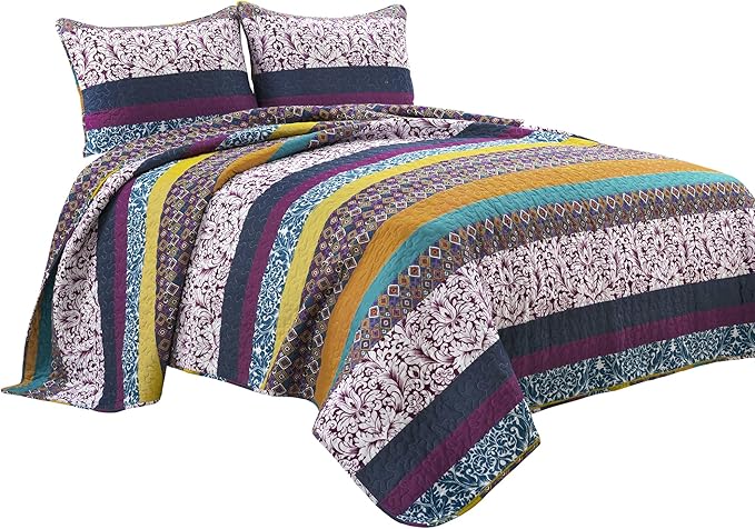 Lush Decor Boho Stripe Reversible Cotton Quilt 3-Piece Set, King, Plum & Yellow - Bold Colorful Bohemian Bedding Set