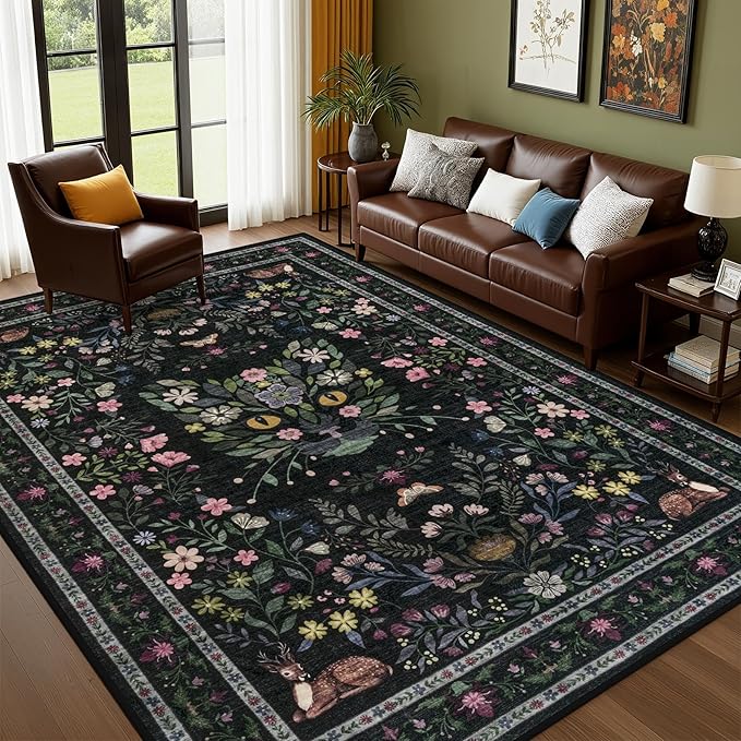 8x10 Area Rugs Living Room Rug: Vintage Washable Rug Floral Soft Carpet Indoor Floor Non-Slip Boho Stain Resistant Large Carpets for Bedroom Kids Nursery Dining Room Farmhouse Home Office Black/C02