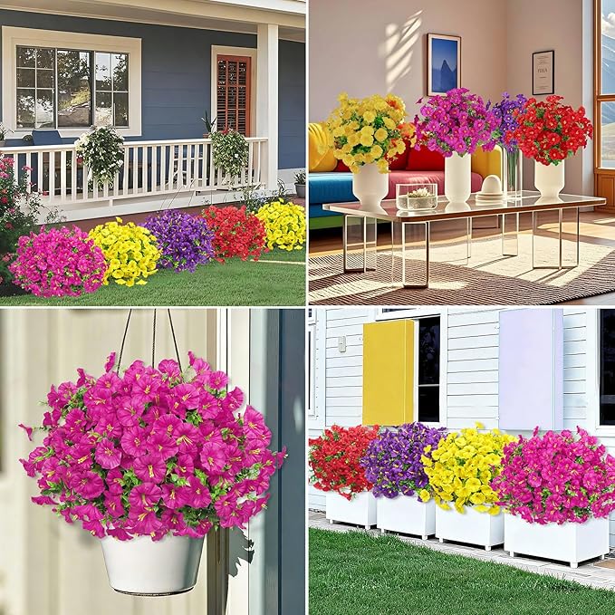 Ouddy Decor 24 Bundles Artificial Flowers for Outdoors Decoration Fake Silk Morning Glory Flowers Faux Eucalyptus Plants UV Resistant for Porch Patio Garden Spring Summer Home Decor, Multicolor