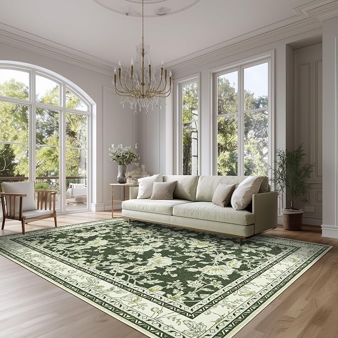 Olive Green Area Rugs 6x9 Living Room Washable Boho Vintage Sketch Floral Cream Beige Rugs for Bedroom Non Slip Soft Carpet for Dining Room Kids Girls Nursery, Lounge Peony Lily Pattern Floral Rug