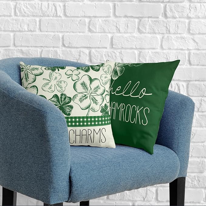Set of 2 Saint Patrick's Day Pillow Covers Hello Shamrocks Lucky Charm Pillow Case 22x22 Green Clovers Hat Cushion Covers for Office Couch Bed Living Room Outdoor
