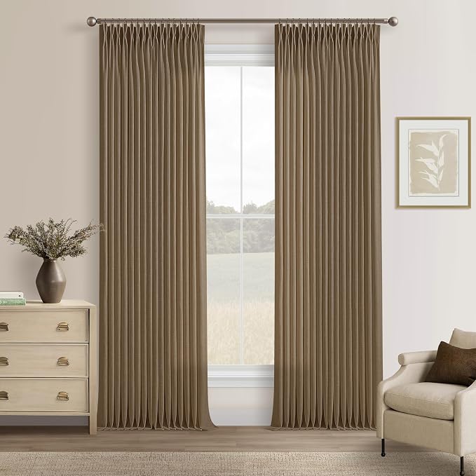 Dutch Cocoa Pleated Thick Linen Curtains for Living Room Bedroom 102 Inches Long Semi Sheer Boho Country Privacy Linen Blend Back Tab Window Curtain Brown Dining Room Drapes 102 Inch 2 Panels