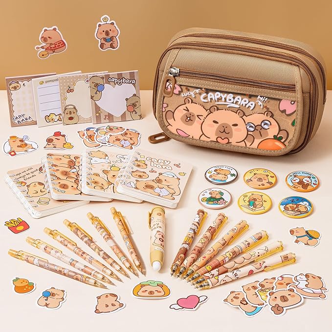 Fimibuke Capybara Backpack for School Girls, 28PCS Capybara Toddler School Supplies Stationery Set with Bookbag Pencil Case Pens Pencils Notebook Easter Gifts for Kindergarten Elementary Student