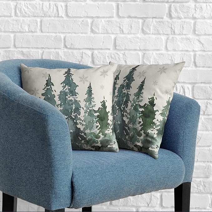 Watercolor Pine Tree Pillow Covers 18x18 Winter Rustic Nature Forest Decorative Pillow Covers Set of 2 Misty Forest Woodland Cotton Linen Cushion Case for Couch Outdoor Living Room