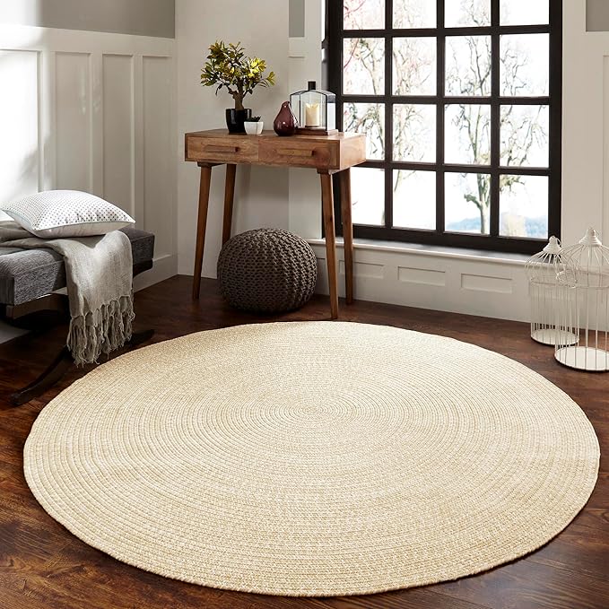 Superior Indoor/Outdoor Area Rug, Dual-Tone Reversible Braided Floor Decor for Patio, Front Porch, Entryway, Living Room, Office, Nursery, Artistic Home, 6' Round, Cream-White