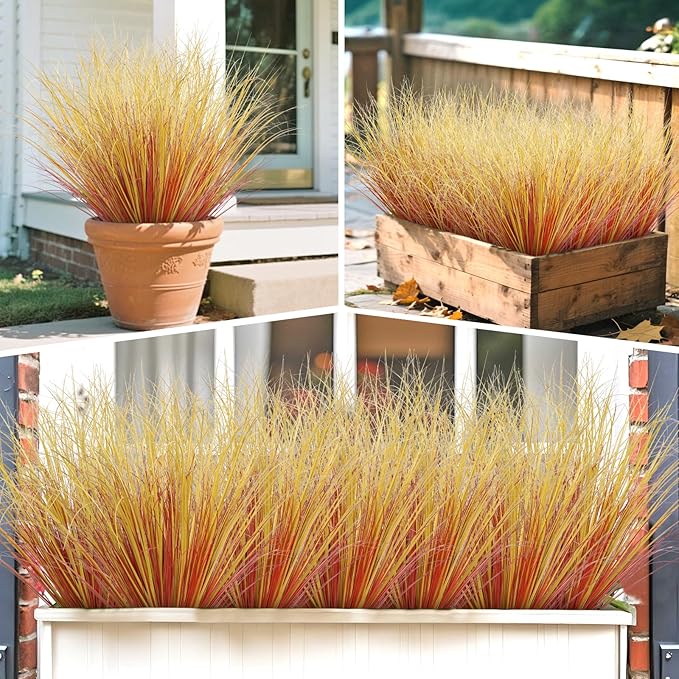 14 Bundles Artificial Fall Plants Outdoor Fake Shrubs Autumn Wheat Grass 20 Inch Fall Greenery Stems Tall Onion Grass UV Resistant Faux Bushes Plant for Garden Farmhouse Thanksgiving Fall Decor