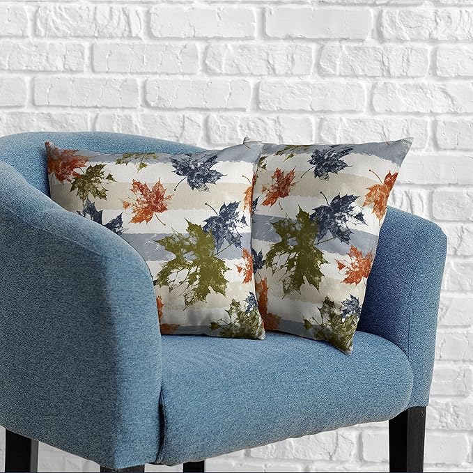 2 Pack Thanksgiving Maple Leaves Pillow Covers Colorful Leaf Pillow Cases Blue White Striped Throw Pillow Covers Fall Cotton Linen Farmhouse Pillow Covers for Living Room Patio Outdoor 20x20
