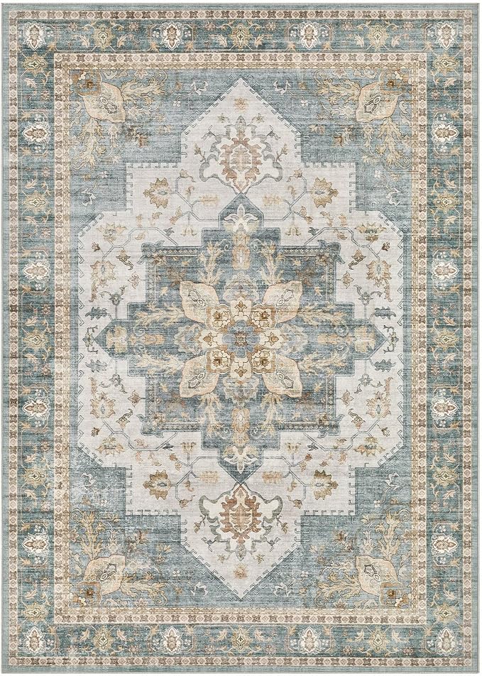 Tortania Area Rug Living Room Rugs - 9x12 Washable Boho Rug Vintage Oriental Distressed Farmhouse Large Thin Indoor Carpet for Living Room Bedroom Under Dining Table Home Office - Muted Teal