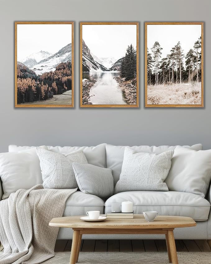 UPWOIGH Mountain Landscape Framed Wall Art, 16 x 24 Inch, Set of 3 | Mountain, Lake and Pine Tree Photography Prints, Soft Neutral Tones, Light Wood Frames for Bedroom, Office and Living Room