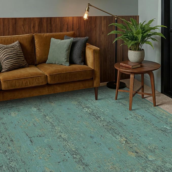 Turquoise Green 5x7 Washable Area Rug for Small Living Room, Non-Slip Low Pile Vintage Boho Carpet, Distressed Teal Geometric Rug for Home Office & Bedroom, Modern Farmhouse Décor